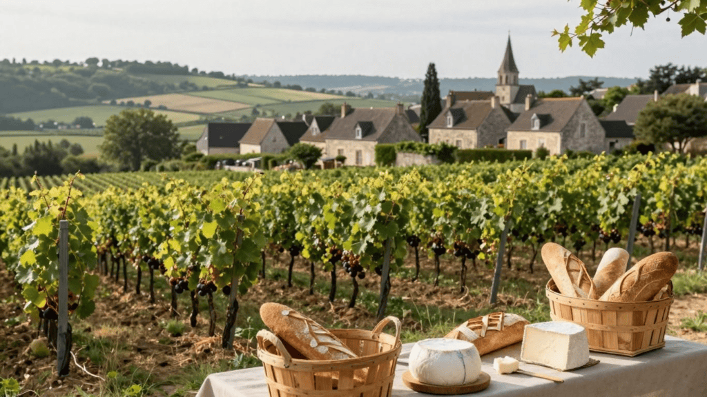 Vineyard with a stone village in the background; baguettes and cheese sit on a table in the foreground.