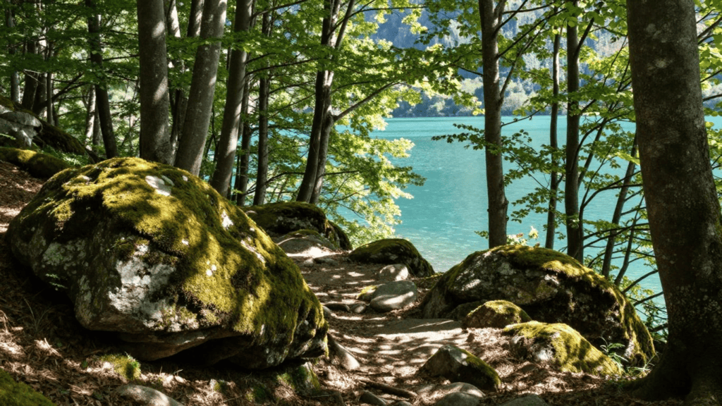 Mossy boulders frame a sunlit forest path leading to a turquoise lake.